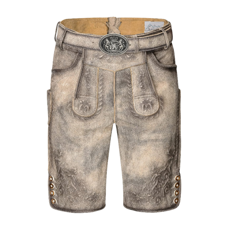 Traditional Bavarian lederhosen with a belt on a white background